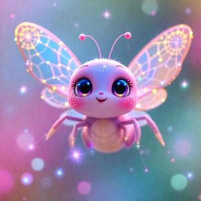 The primary subject of the image is a small, cute, and colorful butterfly. The butterfly is flying in a brightly colored, star-filled sky, which adds a sense of whimsy and playfulness to the scene. The visual style of the image is a combination of digital art and illustration, creating a vibrant and lively atmosphere. The colors and mood of the image are predominantly pink and blue, giving the scene a cheerful and lighthearted feel.